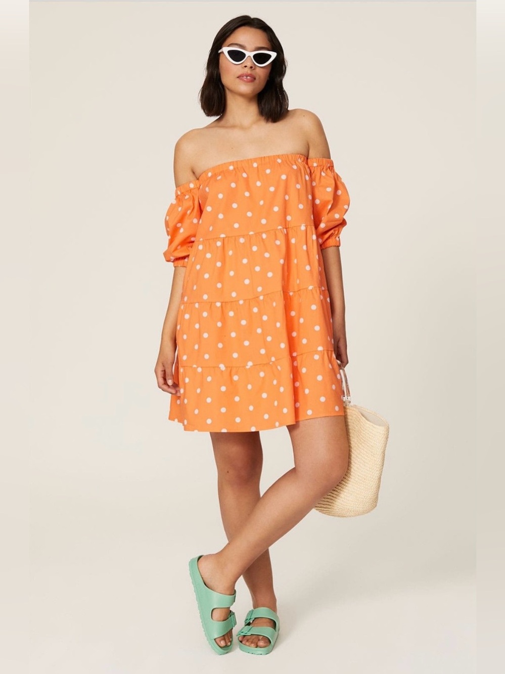 Color Me Courtney~Off-Shoulder Orange Polka Dot Quinn Mini Dress~Size XS~$200~